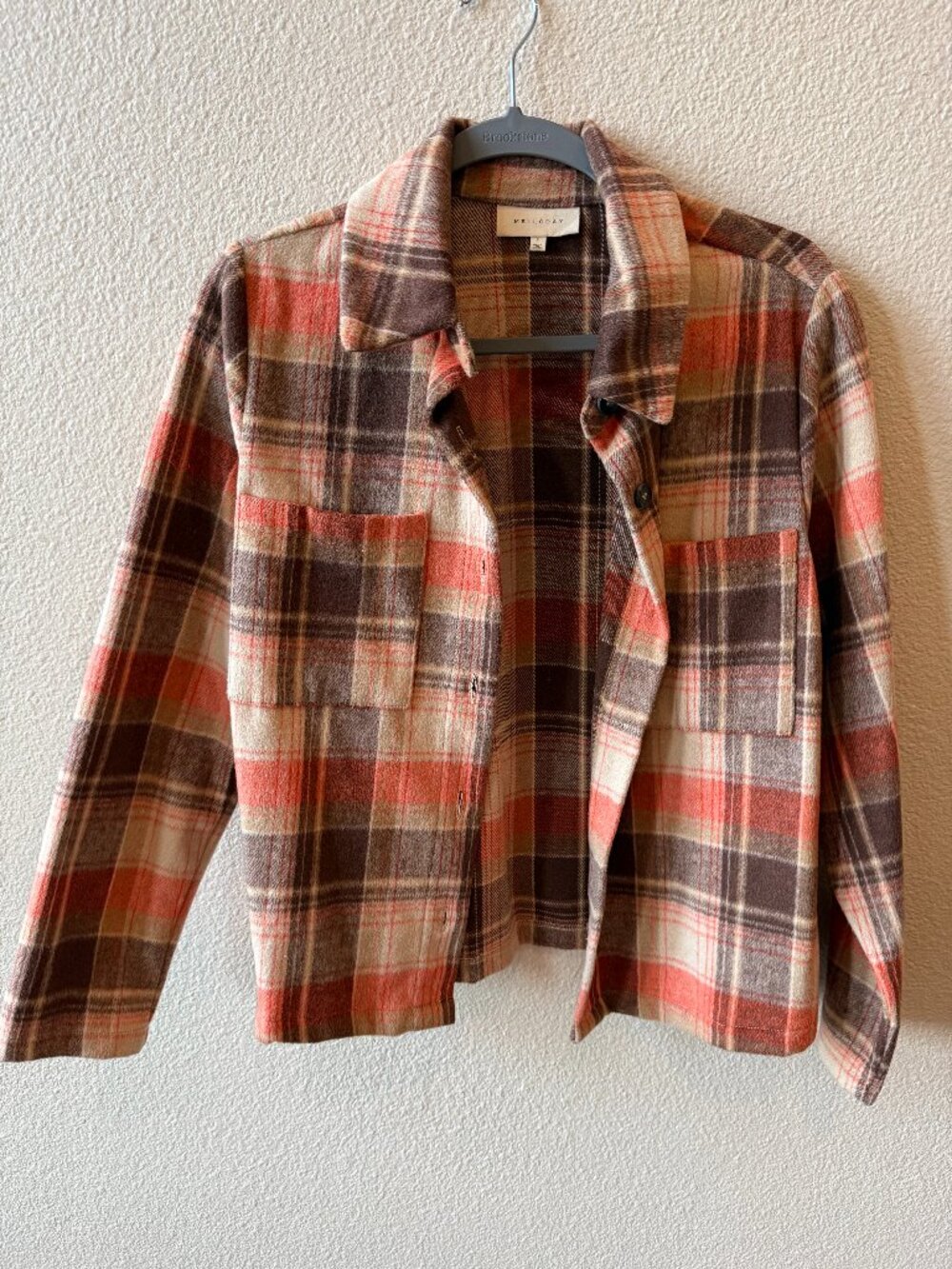 Melloday Flannel Plaid Shirt Jacket Shacket Coral Brown Tan Small